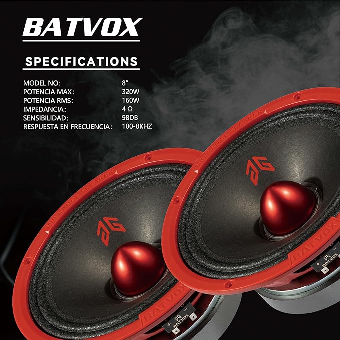 MX80E2 Loudspeaker 8 Inch Midrange 640 Watts 4 Ohms Red Bullet, Premium Quality Audio Door Speakers for Car or Truck Stereo Sound System, Red (2 Speakers)