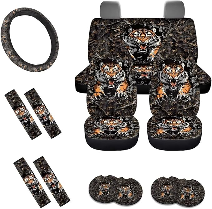 Tiger Forest Camo Print Car Seat Covers Full Set, Auto Interior Accessories Pack of 13, Steering Wheel Cover + Wear Resisting Seat Belt Covers + Washable Cup Holder Coasters for Women Men