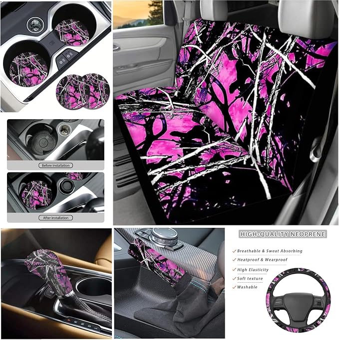 KEIAHUAN Pink Camo Front and Rear Bench Seat Cover Full Set,Camouflage Steering Wheel Cover,Car Headrest Cover,Coaster,Gear Shift Knob Cover with Handbrake Cover,Car Accessories Set