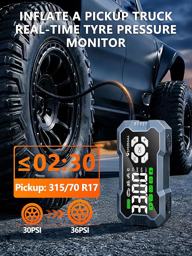 Jump Starter with Air Compressor, SPEEDORA 8000A Portable Car Battery Jump Starter for (All Gas/12L Diesel Engines), 160PSI Tire Inflator, 3.3" Screen,600LM Light, Jumper Cables,12V Car Booster Pack