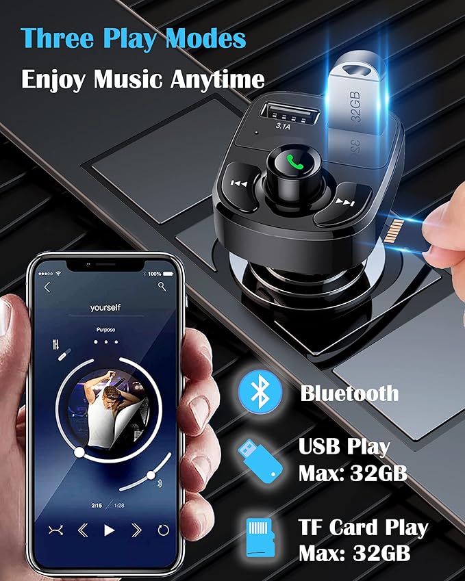 Handsfree Call Car Charger, Wireless Bluetooth 5.3 FM Transmitter Radio Receiver, MP3 Audio Music Adapter, Dual USB Ports, LED Show Voltage/FM Frequency, Compatible for iPhone Samsung Smartphones