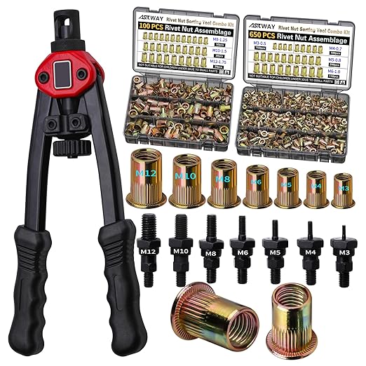 Pressure Rivet Nut Tool Kit, 750PCS Metric Rivet Nut Combination (M6/M5/M4/M3), Suitable for Furniture, Decoration, Automotive, Marine and Industrial Applications