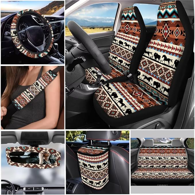 Western Nations 12 Pack Car Accessories Set Steering Wheel Cover Car Seat Belt Cover Trash Can Rear View Mirror Cover Cup Coasters Keychain Holder Keychains