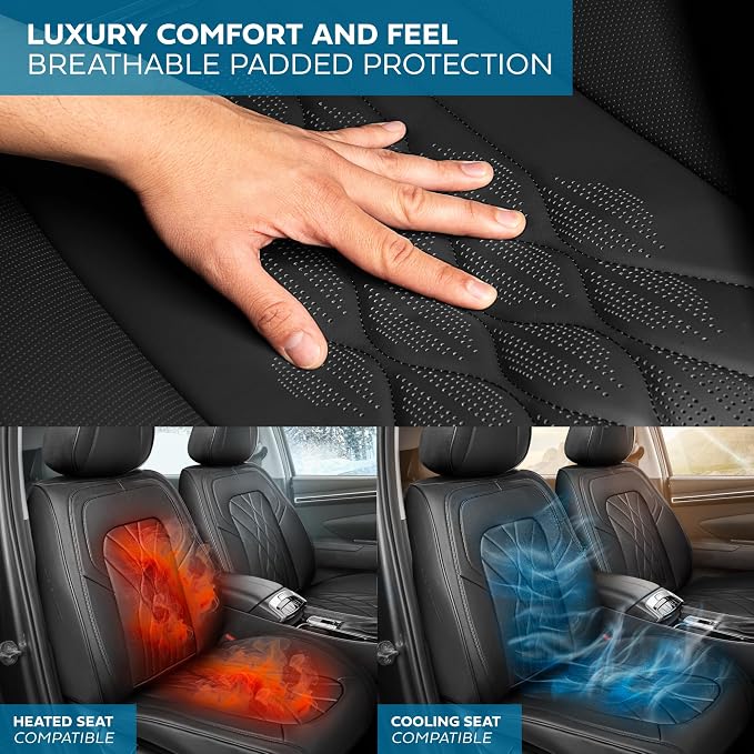 MotorBox Haven Series Napa Leather Seat Covers for Cars, Front Seat Covers, Mosaic Stitch Edition - Soft PU Leather Black Car Seat Covers for Cars Trucks SUVs, Front Seats Only