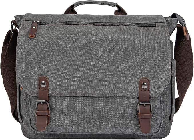 Vintage Genuine Leather Waxed Canvas Briefcase Large Satchel Shoulder Bag Rugged Computer 15.6" Laptop Bag