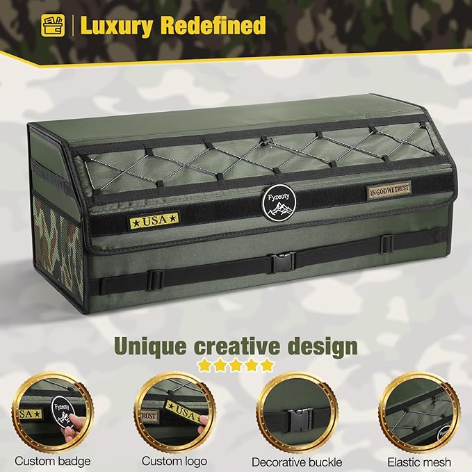 Fyzeoty Car Trunk Organizer for SUV and Sedan, Tactical‑Green, 29.5 in | Tactical & Aerospace Oxford, Extra‑Large, Hinged Lid, Collapsible & Adjustable, Water‑Resist & Dust‑Proof