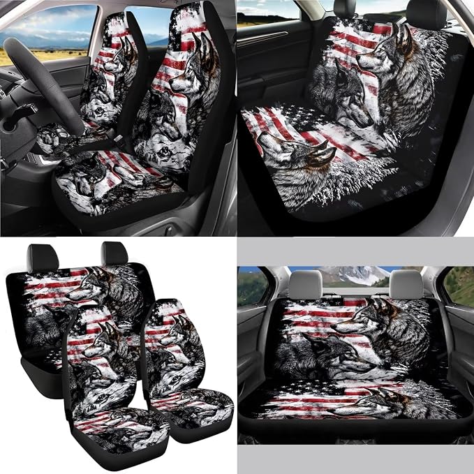 Wolf American Flag Pattern 13 Pieces Car Accessories, Auto Front and Back Seat Covers Full Set, Comfortable Steering Wheel Cover, Seat Belt Protector, Coasters for Car Auto
