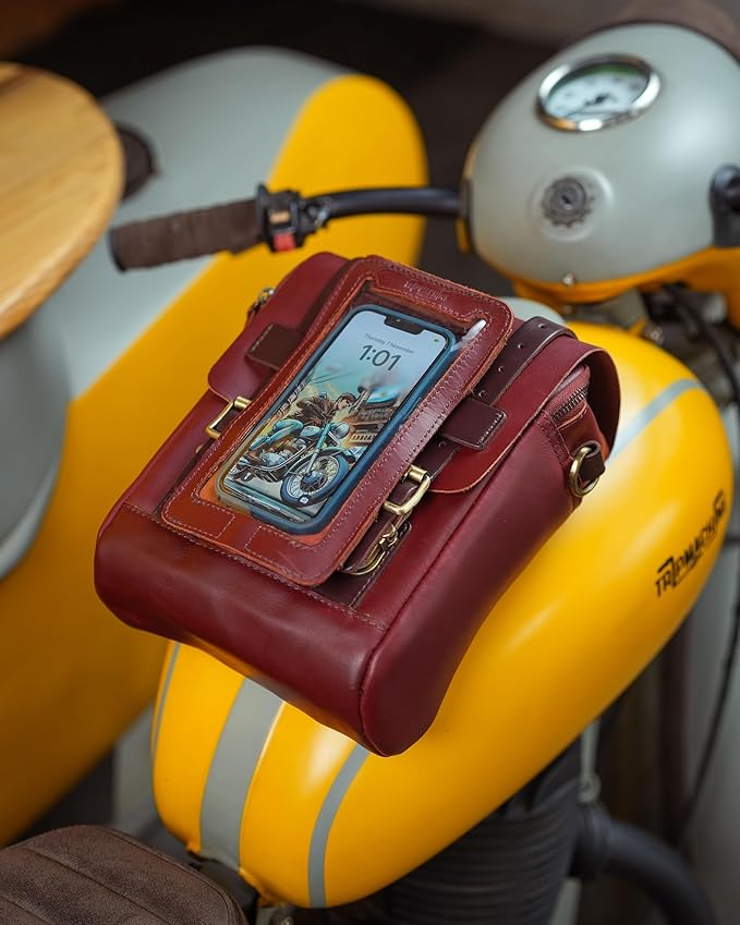 Trip Machine Company Genuine Leather Motorcycle Magnetic Fuel Tank & Tail Pillion Seat Mount Bag with Shoulder Strap and Rain Cover (Cherry Red)