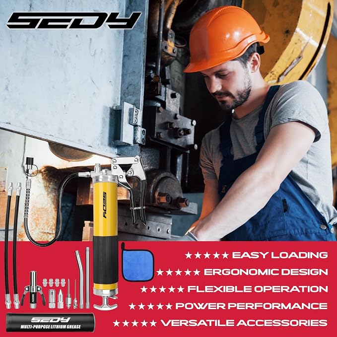 17-Piece Heavy Duty Grease Gun Kit: 14oz Grease Tube Flexible Hose Bearing Grease Pump 8000 PSI Pistol Grip Grease Guns Tool Marine Durable Connectors Adapters Extension Tubes Nozzle Easy Operation
