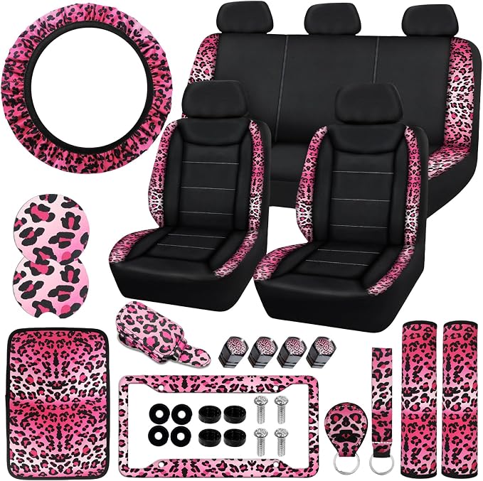 23 Pcs Car Seat Cover Full Set for Women,Universal Car Seat Cover, Print Printing Car Steering Wheel Cover Center Console Armrest,Sunglass Holder Accessories Full SUV (Pink Leopard Print)