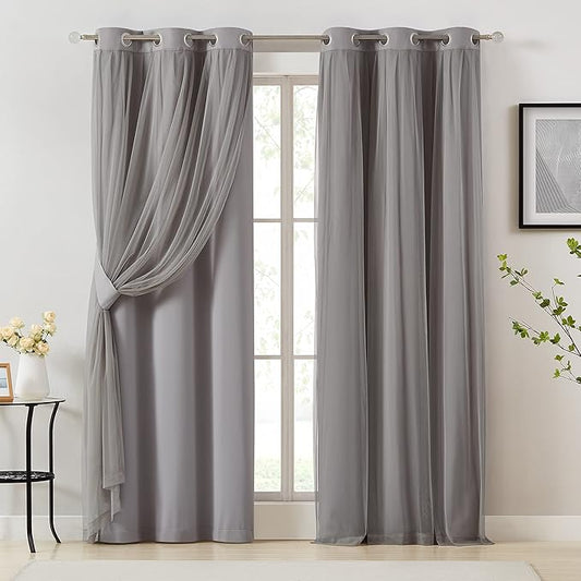 Bujasso Grey 90% Blackout Curtains with Sheer Overlay Mix and Match Double Layer Window Curtains Thermal Insulated 84 inch for Living Room Bedroom Gray Drapes with Tiebacks Grommet Top 37" Wx84 Lx2