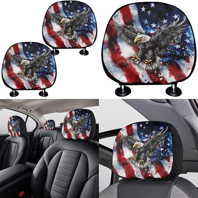 KEIAHUAN 11 Pcs Car Seat Covers Full Set for Men American Flag Bald Eagle with Handbrake and Gear Shift Knob Cover,Headrest Cover, Coasters,Non-Slip Car Steering Wheel Cover,Coasters