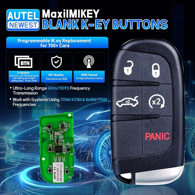 Autel IKEYCR5TPR 5 Buttons Blank 2025 New Kё-y Fob proğrammable Compatible with Vehicle Systems Using 315/415 MHz Ultra-Long Range OE-Quality for Chrysler-Dodge-Style Kё-y Replacement