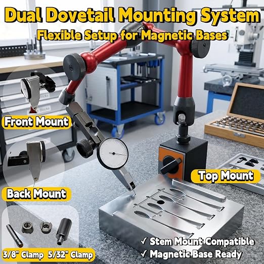 Professional Dial Test Indicator 0-0.03” Range, 0.0005” Graduation – Hardened Steel All-Metal Body with Dual Dovetail Mount (3/8” & 5/32”), Machinist Gauge in Storage Case