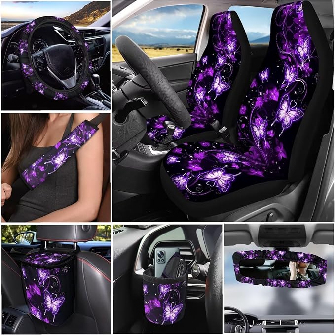 Dreaweet Purple Butterfly Car Seat Covers Full Set for Women Car Accessories Seat Cover Steering Wheel Cover Seatbelt Covers Car Coasters Garbage Bin Rear View Mirror Cover Keychain Air Vent Pouch