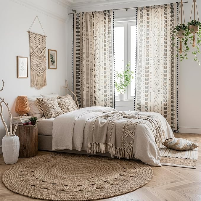 ColorBird Boho Curtains 2 Panels 84 Inches Long Patterned Western Azetc Boho Chic Decor Semi-Blackout Light Filtering Drapes Window Treatment with Tassels Rod Pocket for Living Bedroom Office