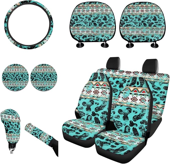 Wanyint Aztec Cow Print Teal Car Seat Cushion Cover Full Set 11 PCS, with Car Steering Wheel Cover Coasters Handbrake Protector Gear Shift Knob Cover Headrest Covers Universal Fit Most Vehicles