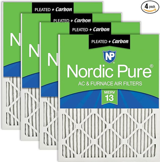Nordic Pure 25x25x1 (Actual Size: 24 1/2 x 24 1/2 x 3/4) Pleated Air Filters MERV 13 Plus Carbon 4 Pack
