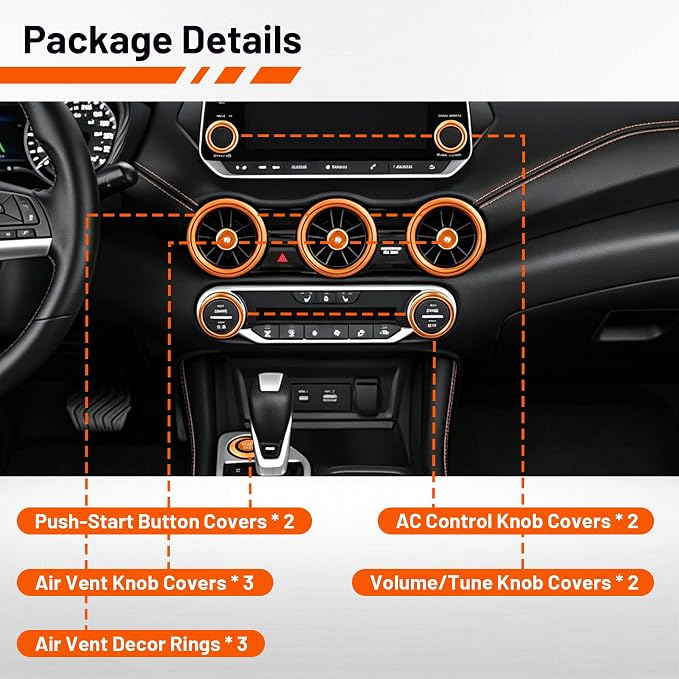 Interior Decoration Accessories for Nissan Sentra (2020-2025) - 12-Pieces Aluminum Alloy Ring Knob Cover Trim, Fits Push Start, A/C, Air Vent, & Volume Tune, 12PCS Set, Orange