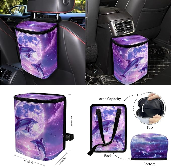 Dolphin Moon Print Car Accessories Set with Car Seat Covers Steering Wheel Cover Seatbelt Strap Pad Trash Cans Air Vent Storage Bag Cup Holder Rearview Mirror Cover Key Chain, 15 Pack
