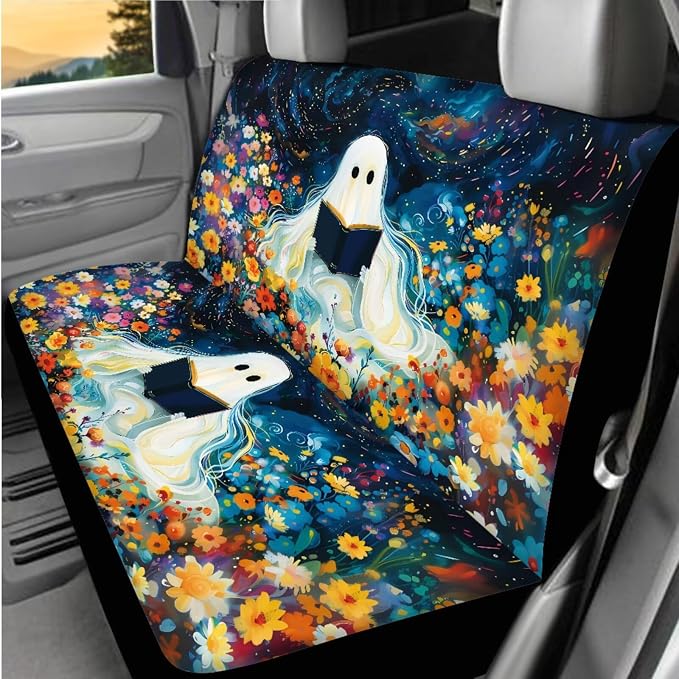 White Ghost Flower Print Car Seat Covers Full Set with Car Steering Wheel Cover, Auto Armrest Pad Protector, Auto Seat Belt Pads, Halloween Automitive Decorations
