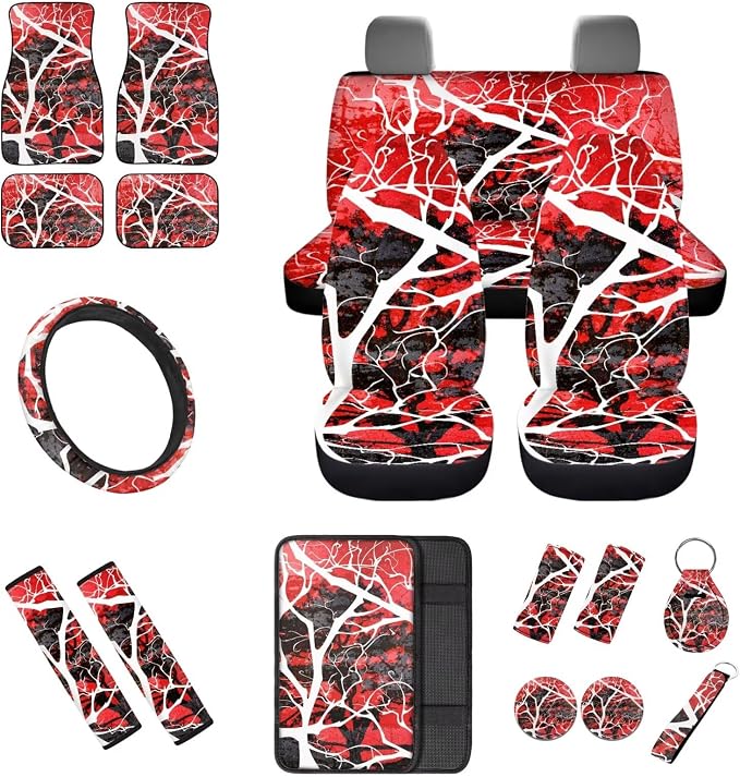 18 Pcs Red Branch Car Interior Accessories Set, Car Seat Covers Full Set with Auto Floor Mats Steering Wheel Cover Armrest Pad Seat Belt Pads Handle Wraps Keychain Cup Coaster