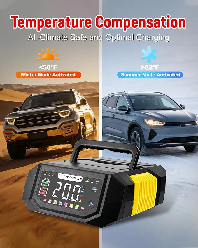 1-20A Smart Battery Charger, 12V/24V Automatic Automotive Battery Maintainer & Desulfator with Temperature Compensation, Adjustable Amp Trickle Charger for Lead-Acid, AGM, Gel, LiFePO4