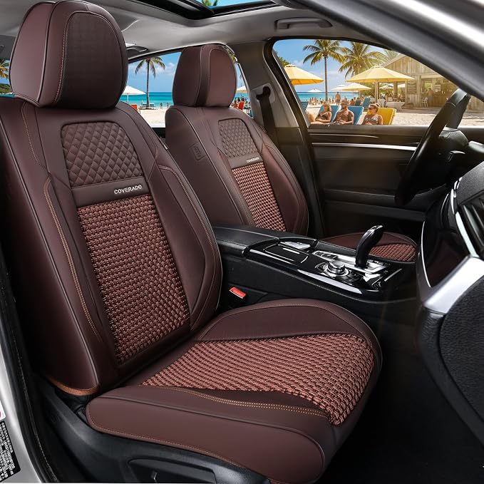 Coverado Leather Seat Cover Front, Universal Covers for Cars, Waterproof Luxury Leatherette Seat Cushions, Auto Car Seats Protectors, Driver Seat Cover Fit for Most Vehicles-Brown