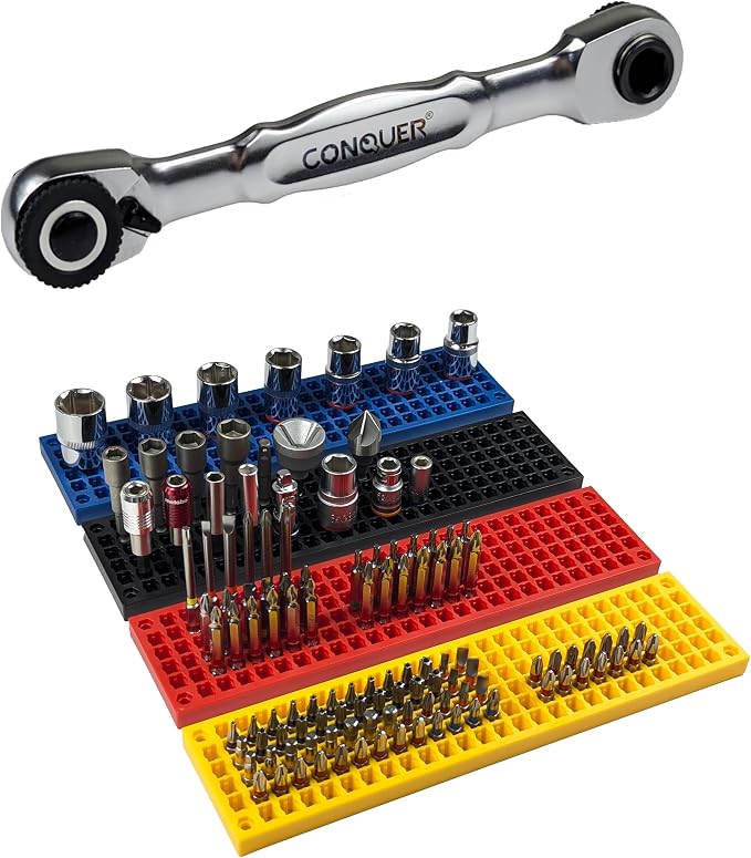 CONQUER Mini Dual Ratchet Socket & FREE ZONE Bit Organizer – Compact Precision & Organized Storage Kit