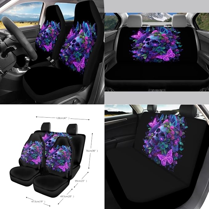 Skull Floral Butterfly Print Car Seat Cover Set Steering Wheel Covers Seat Belt Strap Cover Garbage Cans Air Vent Storage Holder Rear View Mirror Covers Coasters Key Chain, 15 Pack