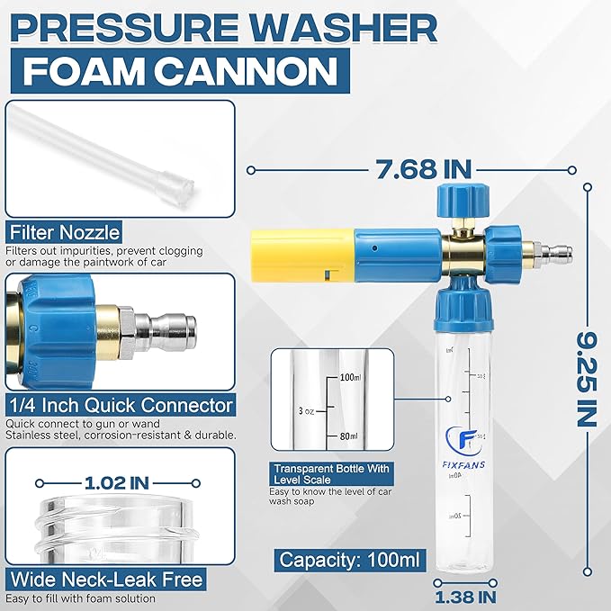 FIXFANS Pressure Washer Gun with Mini Foam Cannon, Dual Connector Accessory, Car Wash Foam Gun Kit - No-Dilution Foam Cannon Pro, 5 Power Washer Nozzle Tips & M22 Adapter, 1/4" Quick Connect