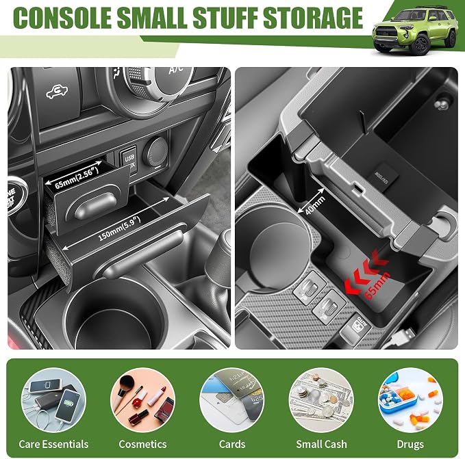 Center Console Organizer for 2014-2024 Toyota 4Runner Upgraded Hanging Armrest Box Extra Storage Drawer Inserts Tray for 4 Runner Interior Accessories(Fit 14-24/Hanging+Drawer Organizer)
