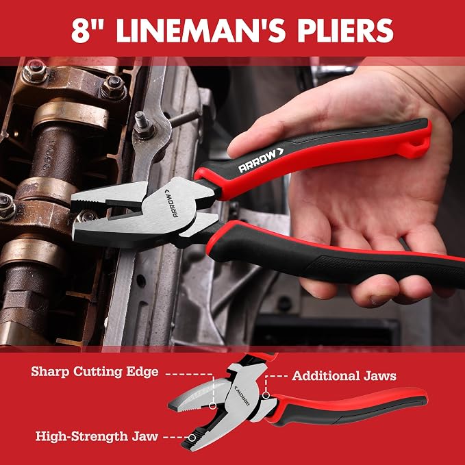 ARROW 6PCS Pliers Set, 8" Long Nose, Diagonal Cutting, Linesman, Slip Joint, 8" & 10" Groove Joint, Dual-Color Non-Slip Handle, Carbon Steel, for DIY, Home Repair & Maintenance