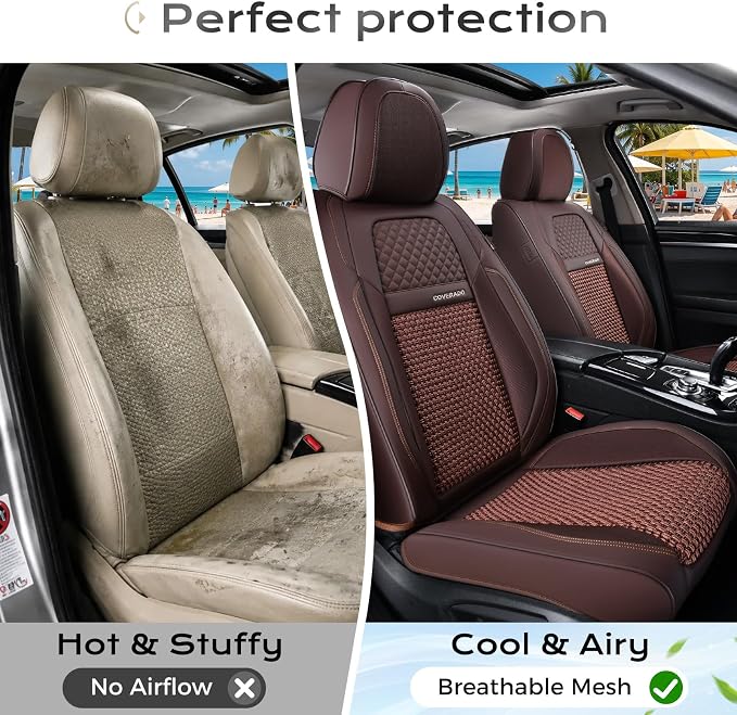 Coverado Car Seat Covers Full Set, 5 Seats Car Seat Protector, Leather Woven Universal Breathable Car Seat Cover Front Seats Back Seats, Car Seat Cushion Fit for Most Vehicles Brown