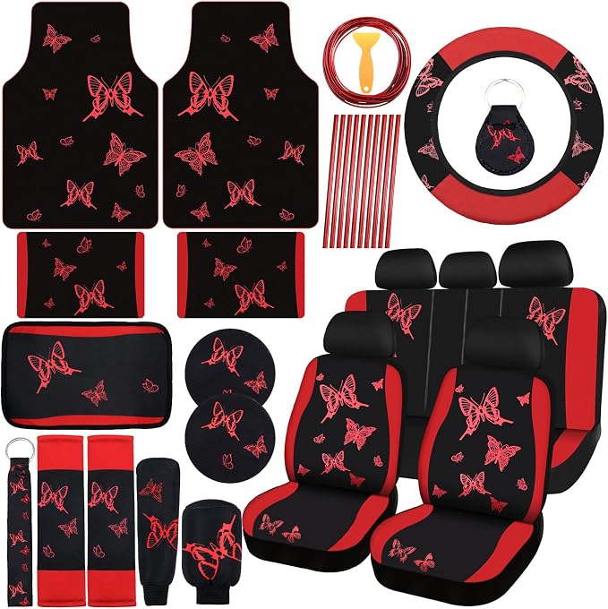 BBTO 47 Pcs Car Seat Full Set Car Accessories for Women 5 Front Rear Seat Covers Wrist Strap 2 Pieces Cup Mat Armrest Pad 2 Belt Cover Accessories for SUV(Red Black)