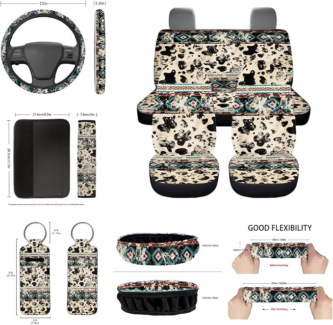 Western Aztec Cow Automotive Seat Cover Full Set Car Protection Accessory,Comfy Elastic Front Rear Bench Seat Covers for Most Vehicle,Steering Wheel Cover,Keychain,Coaster,Mirror Covers