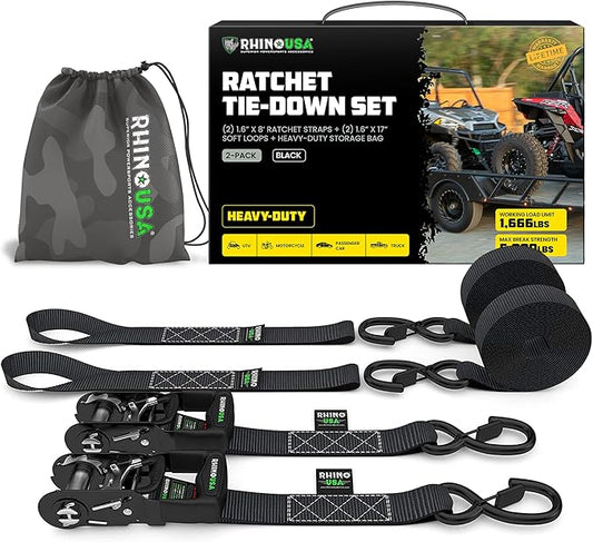 RHINO USA Ratchet Straps Tie Down Kit, 5,000 Break Strength - Includes Heavy Duty Rachet Tiedowns with Padded Handles & Coated Chromoly S Hooks + Soft Loop Tie-Downs