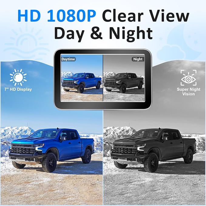 1080P HD Wireless Backup Camera 7 Inch: Clear Real-Time Rear View for Towing Campers, Trailers and 5th Wheels - Auto Night Vision, 12-Mins Easy Install for Truck & RV Owners