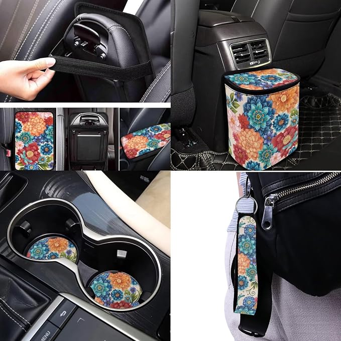 17 Pieces Hippie Lotus Car Seat Covers Full Set for Women with Auto Interior Set Decor,Madala Car Accessories with Steering Wheel Cover,Car Headrest Cover,Car Trash Can with Lid,Universal Fit