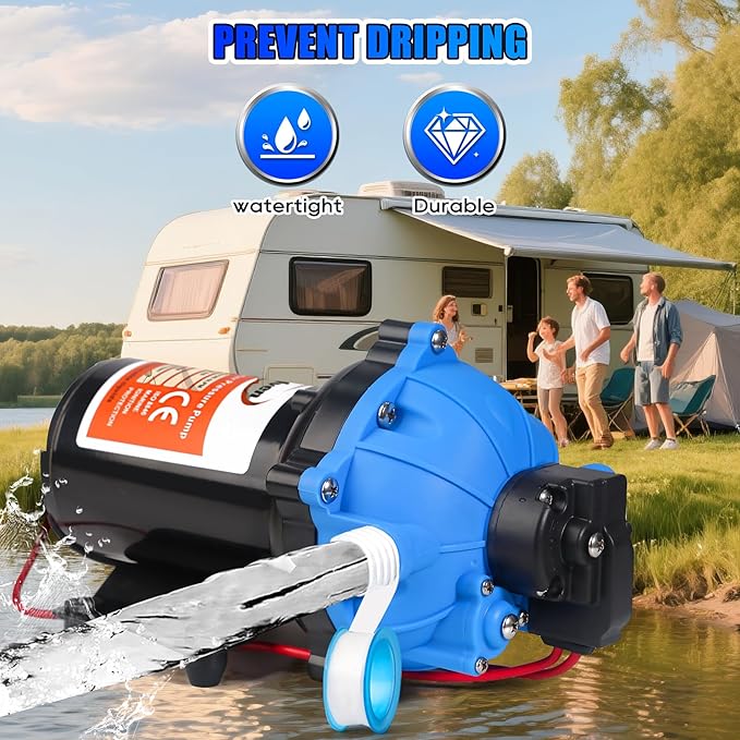 Upgraded 12V RV Water Pump, 7GPM 70PSI, Five Chamber Self-Priming Diaphragm 12V DC RV Fresh Pump with Heavy Duty Pressure Switch & Strainer for Marine, Yacht, Caravan, Camper
