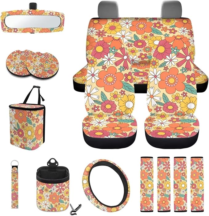 Wanyint Hippie Flower 15 Pack Car Seat Cover Set with Steering Wheel Cover Seat Belt Strap Cover Garbage Cans Air Vent Pouch Rearview Mirror Cover Cup Coasters Keychain Fit for SUV Trucks Vans Sedans