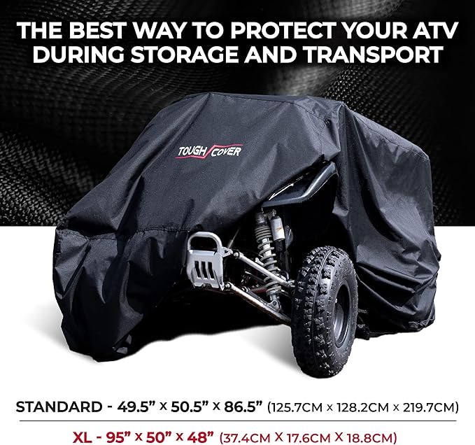 Tough Cover ATV Cover - 86.5 x 50.5 x 49.5 in, Black, Universal Fit - Heavy-Duty Waterproof Quad Covers - UV Guard for 4 Wheelers & Snowmobiles - for Four Wheeler Accessories & Mower Protection