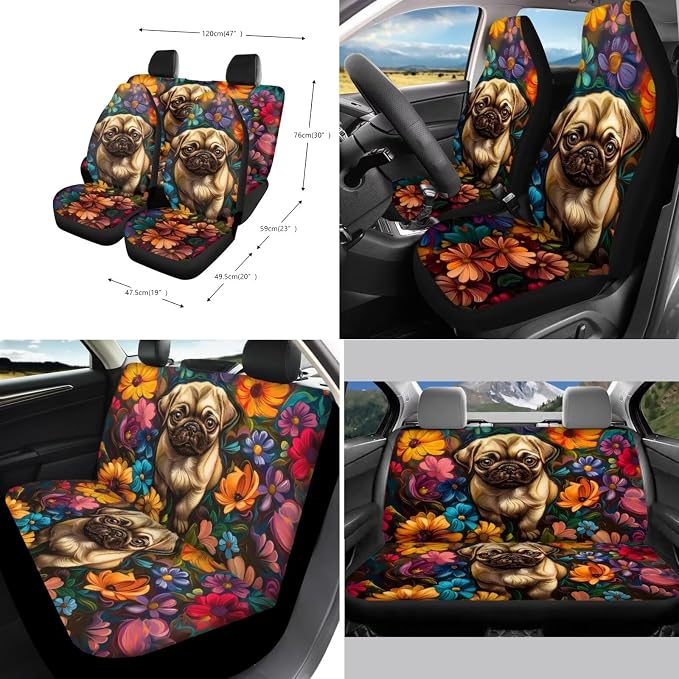 Xoenoiee Pug Dog and Flowers Pattern 11 Pcs Car Accessories with Front & Rear Auto Seats Covers, Steering Wheel Cover, Seat Belt Pads, Cup Coaster, 2 Pcs Keyrings - Universal Fit