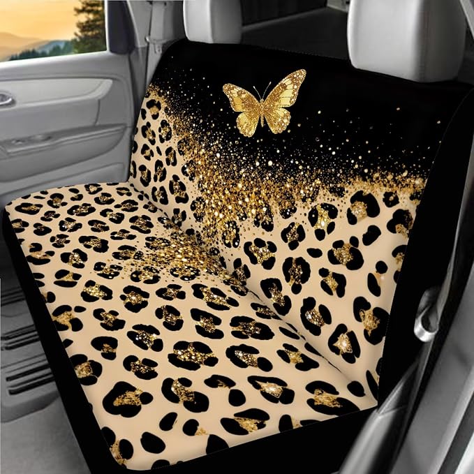 Butterfly Leopard Print Car Seat Covers Full Set Leopard Print Car Accessories Full Set with Butterfly Car Headrest Covers Seat Belt Pads Cover Auto Trash Can Steering Wheel Cover Universal