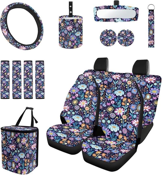 15 Pcs Hippie Floral Car Seat Cover Full Set for Women with Car Steering Wheel Cover Seat Belt Cover Trash Bin Front Rear View Mirror Car Cup Holder Keychain