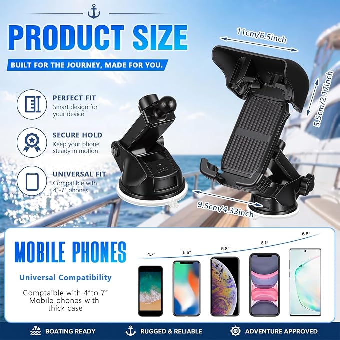 Tellegloww 1 Pack Boat Phone Holder, Marine Cell Phone Holder with Sunshade, Black 360 Degree Adjustable Suction Cup, Smartphone Accessory for Boat Rail, Car, Cycling, Pontoon and Outdoor Use
