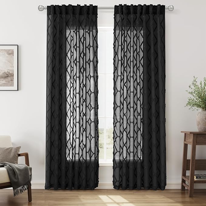 Black Sheer Curtains 90 Inches Long for Living Room 2 Panels Set Rod Pocket Back Tab Semi Sheer Light Filtering Privacy Curtain Modern Farmhouse Embroiderd Textured Rustic Drapes for Bedroom 52x90