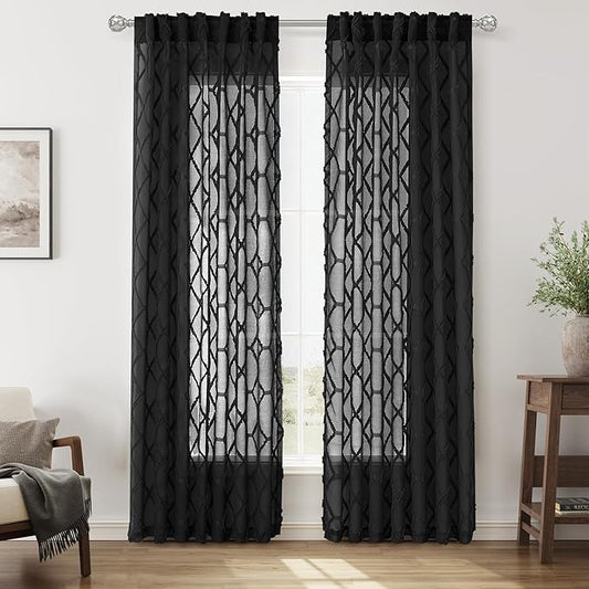 Black Sheer Curtains 90 Inches Long for Living Room 2 Panels Set Rod Pocket Back Tab Semi Sheer Light Filtering Privacy Curtain Modern Farmhouse Embroiderd Textured Rustic Drapes for Bedroom 52x90