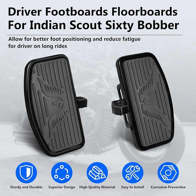D-shaped Driver Footboards Front Rider Foot Rest Floorboards for Indian Scout Sixty Bobber 2015-2025 Models Foot Pegs Accessories(Black, J Wings)