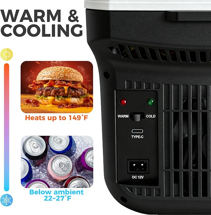 Iceblue Electric Cooler with Type-C, 8 Liter /11 Cans Mini Fridge with Belt, 9V Type-C Thermoelectric Dual-use Car Refrigerator, Car Fridge for Car, Dorm, Travel, Picnic, Gift - Black